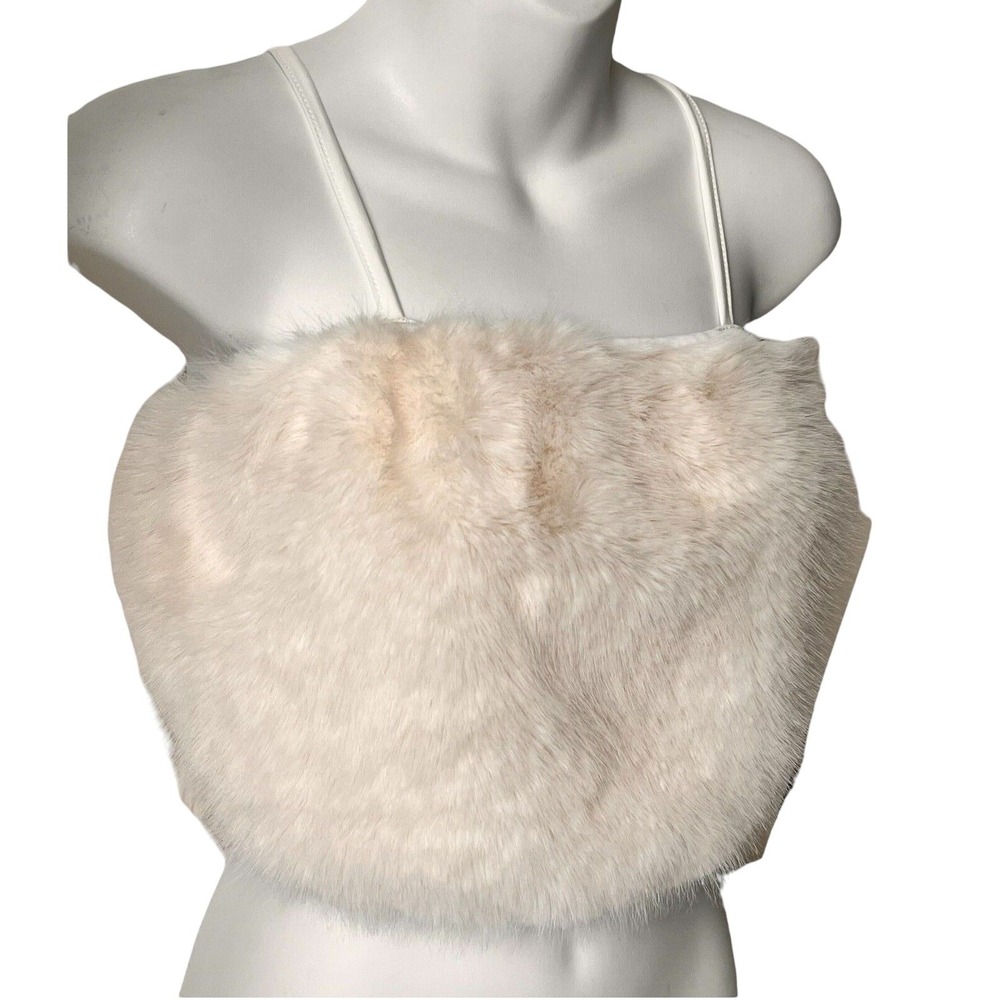 Womens Faux Fur Crop Top Sz Med Cream Shag‎ Fluffy Cami  Festival Y2K Party Glam